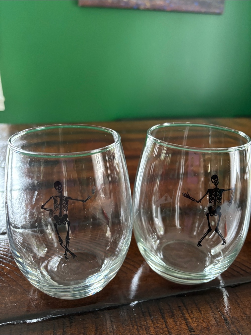 Clear Glass Tumbler Pair with Black Skeleton Motif
